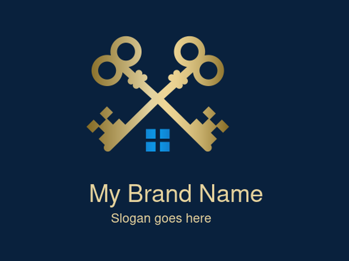Luxury Crossed Golden Keys Logo with Blue Window Icon – Ideal for Real Estate, Property Management, and Home Security Brands